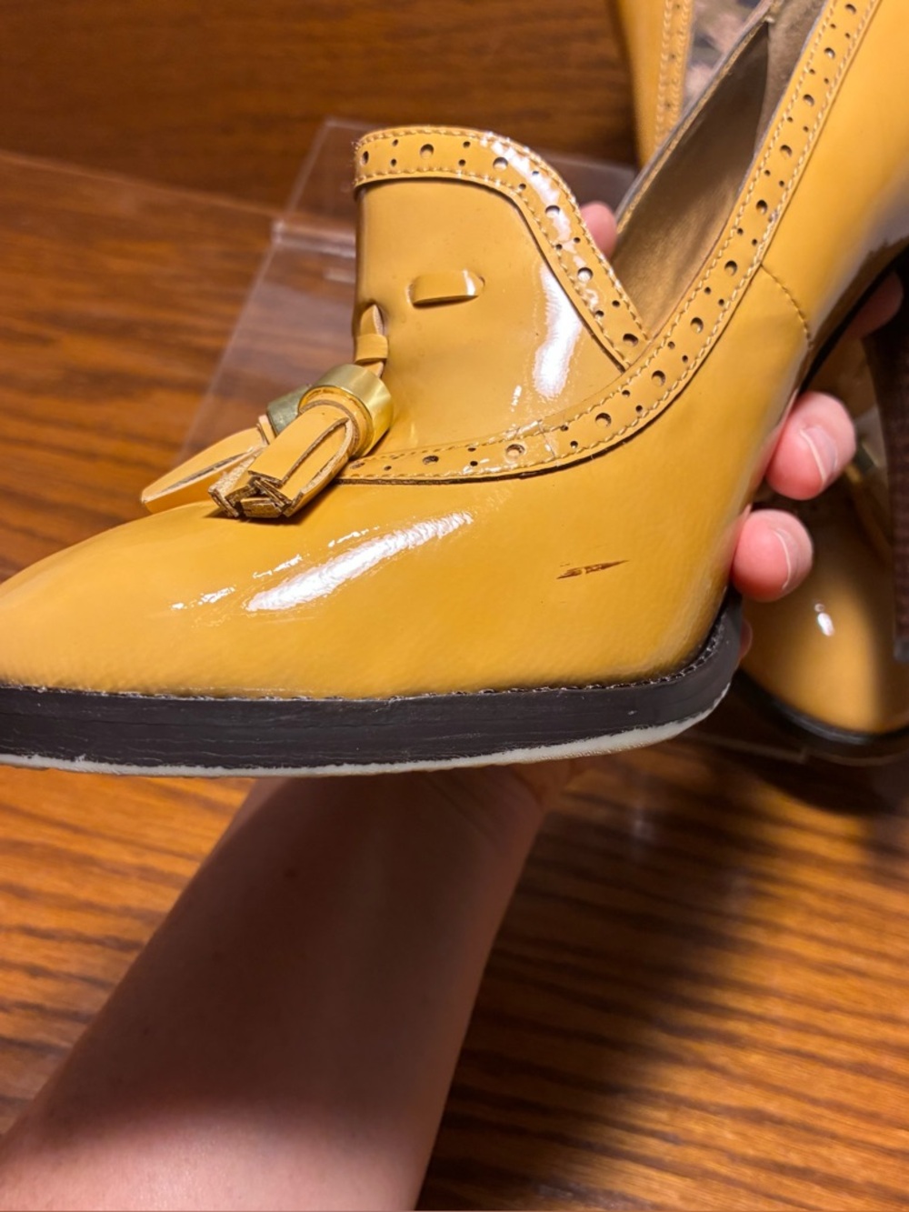 Sam Edelman Tan Patent Leather Tasseled Heeled Loafers Size 9 - Picture 13 of 15